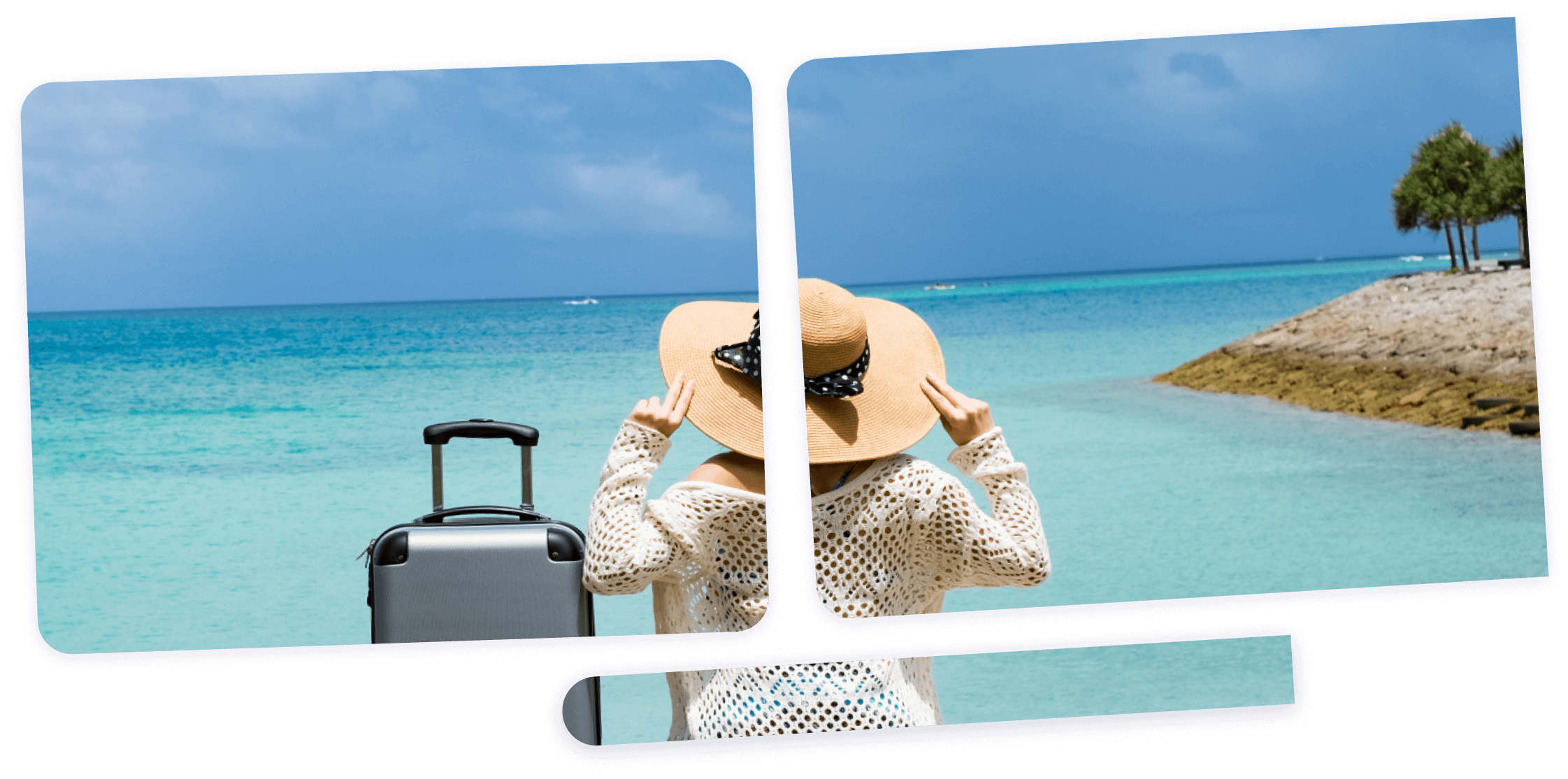 Imagem de uma senhora de mala a olhar o mar num local paradisíaco