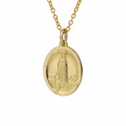 Medalha e Fio Nossa Senhora de Fátima com os 3 Pastorinhos em Ouro
