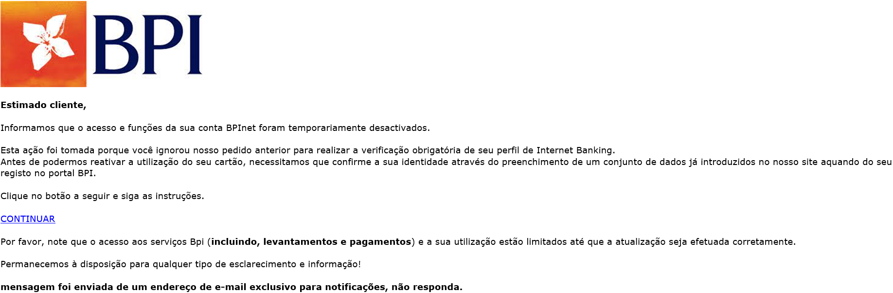 Atenção: Estão a ser enviados e-mails de phishing em nome do Banco BPI